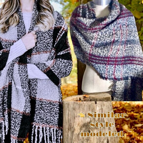 Boho Chunky Plaid Oversized Knit Scarf with Fringe | Cozy Winter Wrap 6’x3’ - Picture 16 of 16